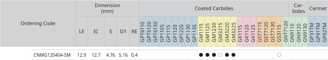 Only the row for CNMG120404-SM, with its original headers
