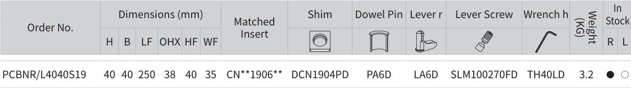 Únicamente la fila de PCBNR/L4040S19 con sus encabezados originales